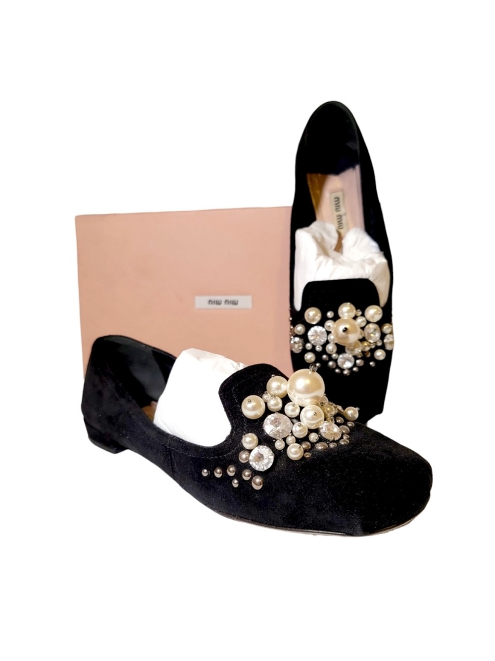 Miu Miu Black Suede Pearl & Crystal Embellished Loafers